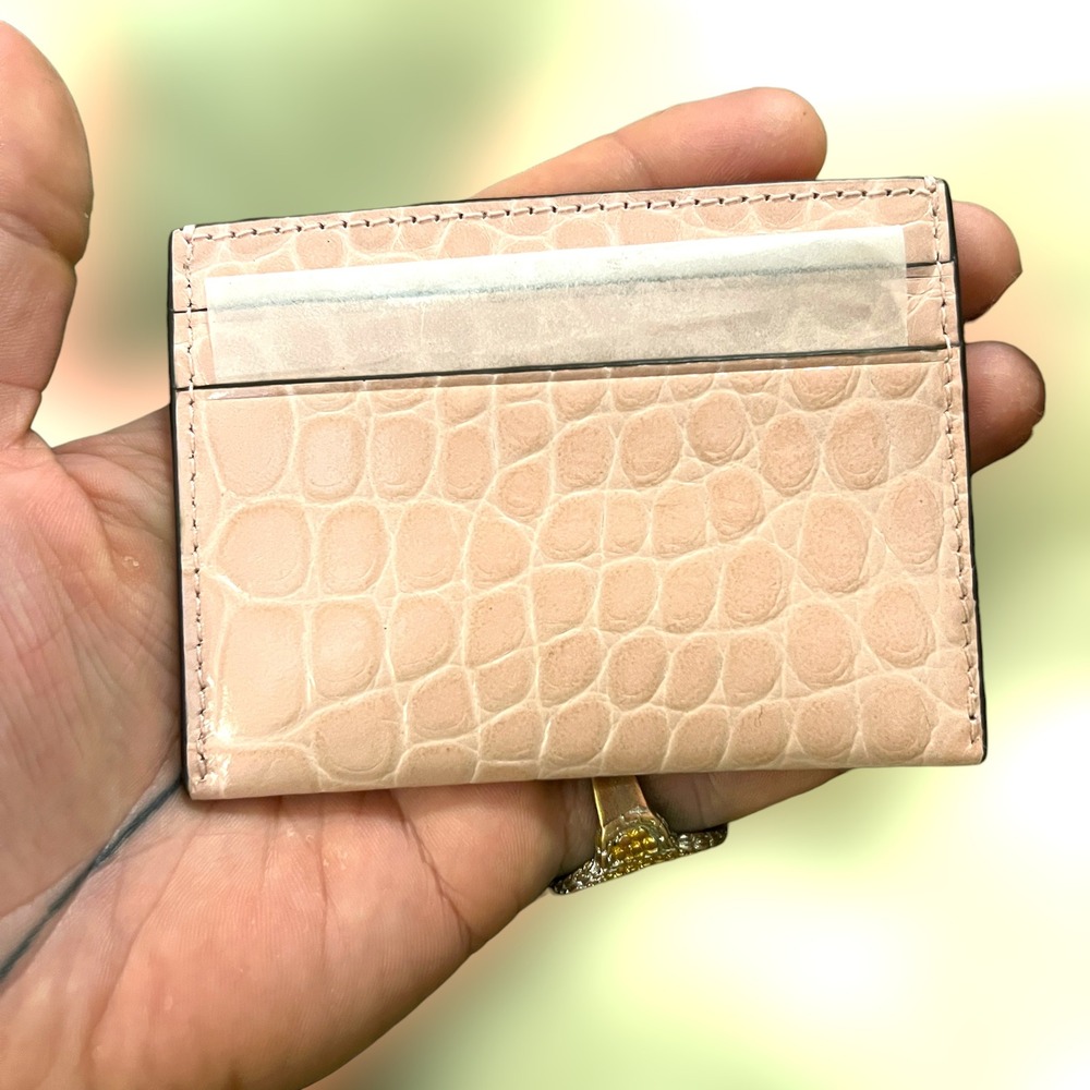 NEW Tory Burch Women Card Case Pink Embossed Leather GOLD LOGO CROC SLIM WALLET - Picture 2 of 6